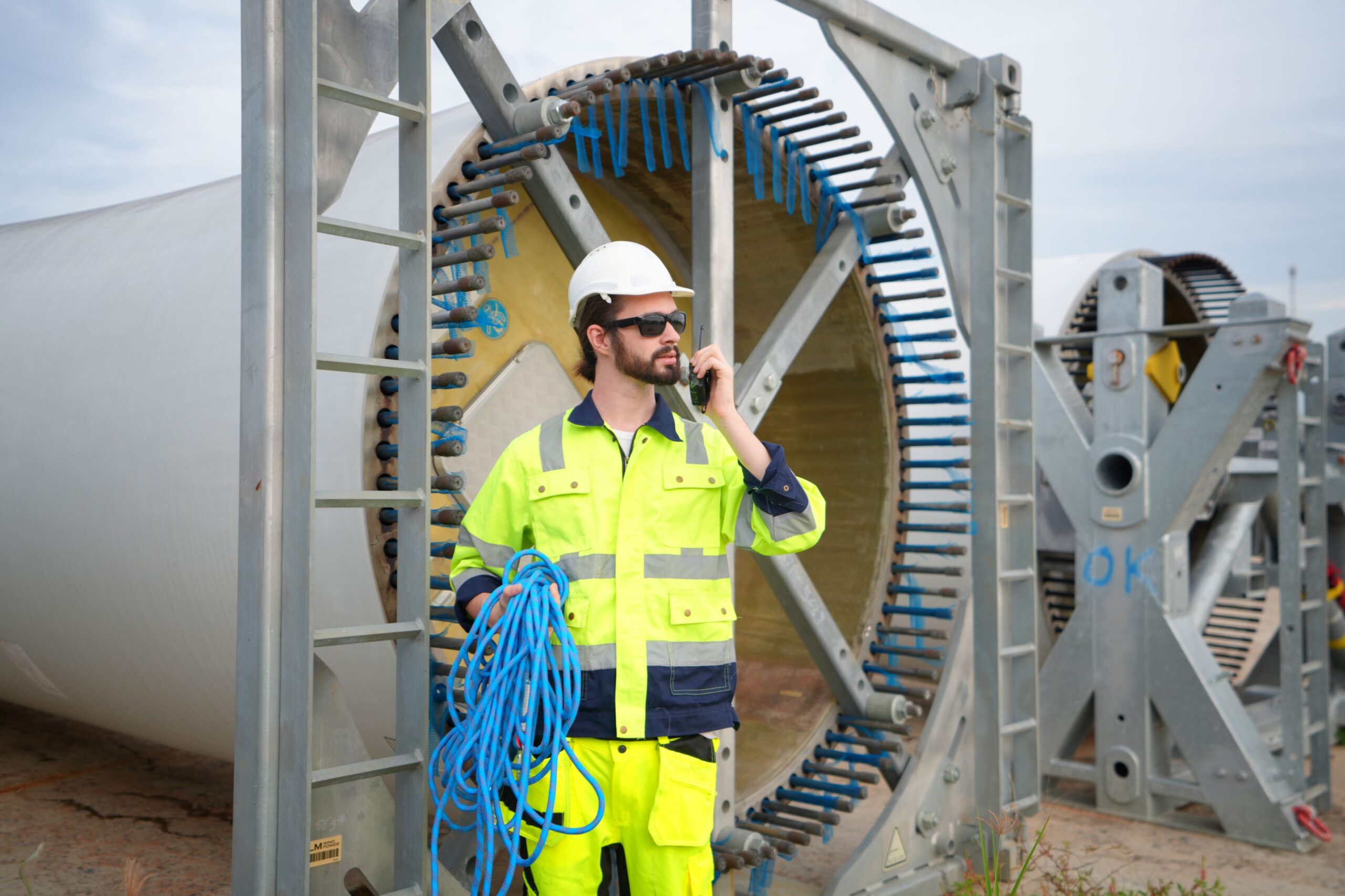 Field technician in high-visibility PPE holding network cabling and radio near industrial site – Nexa Data Solutions Illawarra & Shoalhaven